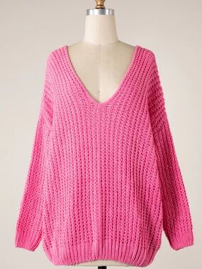 Miracle Hot Pink V-Neck Chunky Knit Sweater